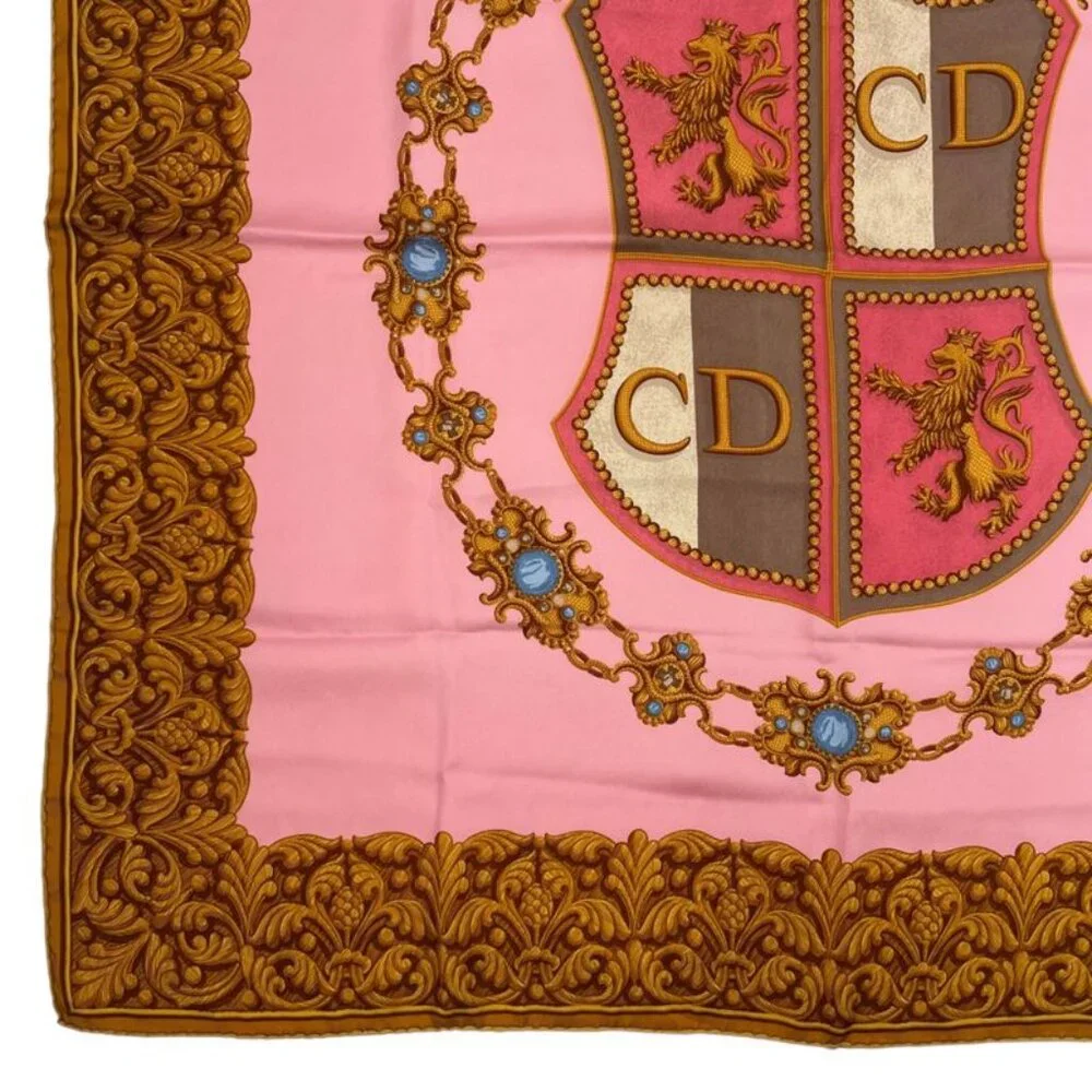 Dior Christian Scarf Silk Logo Emblem Pink Gold